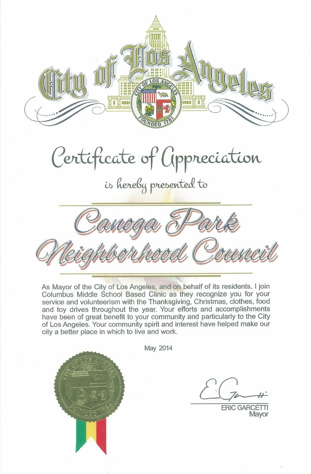 Certificates of Recognition for the Canoga Park Neighborhood Council