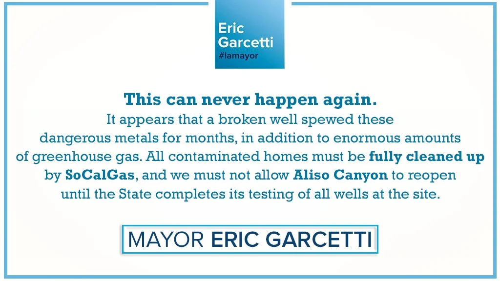 Statement: Mayor Garcetti on the results of County Public Health testing in Porter Ranch.