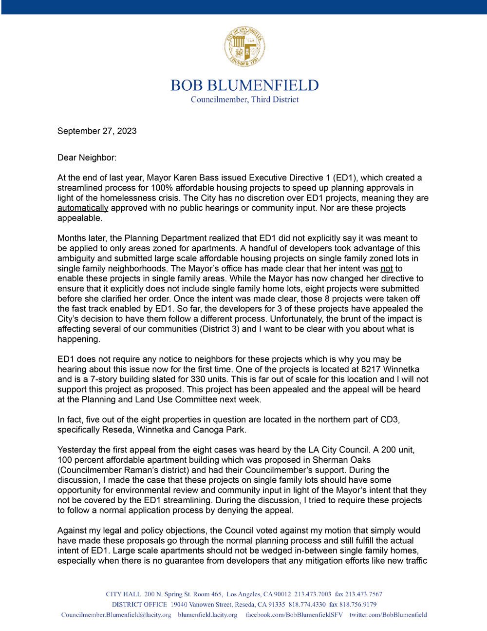Letter from the Councilmember