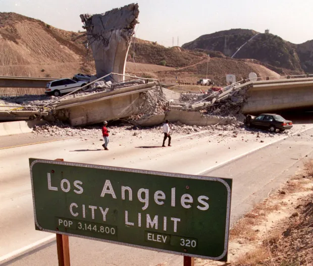 Los Angeles city limit sign on the 5 Freeway, where the 14 Freeway connector collapsed during the Northridge Earthquake. The quake hit at 4:31 a.m. the morning of Jan. 17, 1994, a powerful jolt that flattened buildings, destroyed homes, damaged freeways, ignited fires, and disrupted water and power. The 6.7-magnitude quake killed 57 people, a number that jumped to more than 70 when those who died from heart attacks were counted, injured 8,700, caused $20 billion in damage, and shattered the nerves of millions of Southern California residents. (Photo By Hans Gutnecht, Los Angeles Daily News/SCNG)